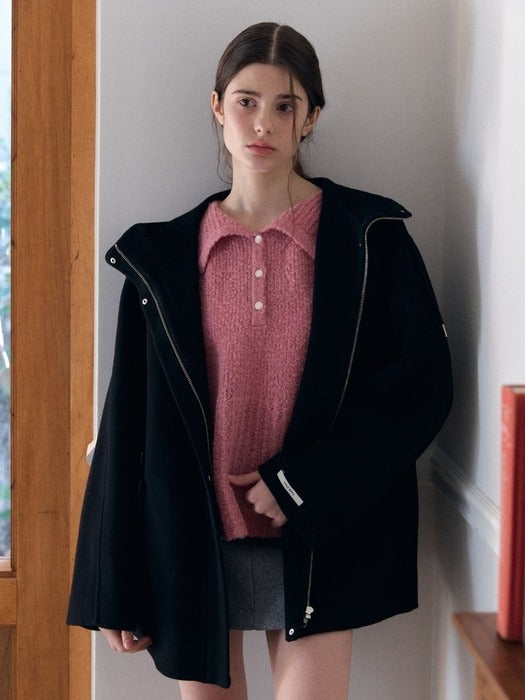 hood zip-up handmade half coat_navy