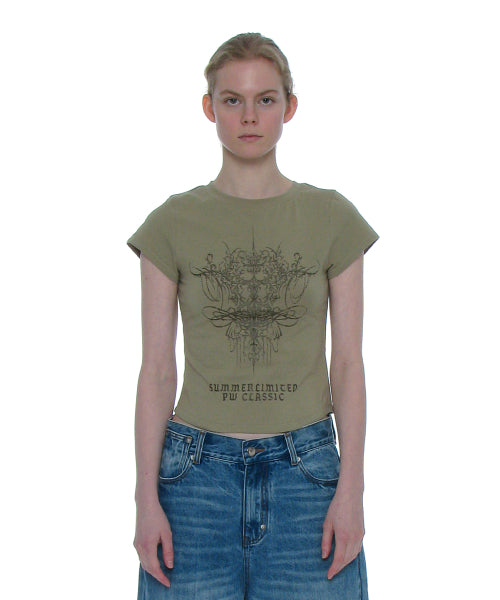 Tattoo Printed Short Sleeve Tee_Khaki Green