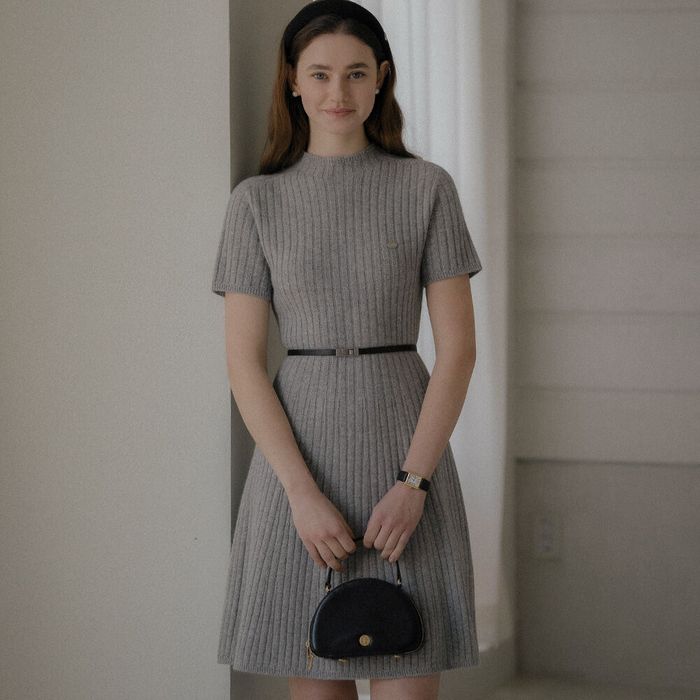 Soft wool logo point slim knit dress_Melange gray