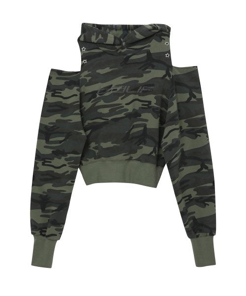 BAUF Cutout Off-Shoulder Crop Hoodie [Camo] - Size & Reviews | MUSINSA
