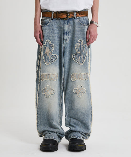 HD Multi Logo Appliqu챕 Yellow Washed Denim Pants Light Blue