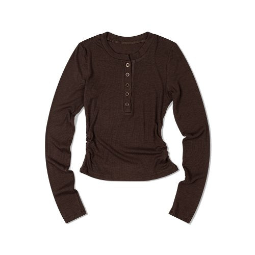 Henry Neck Side Shirring Long Sleeve (Brown)