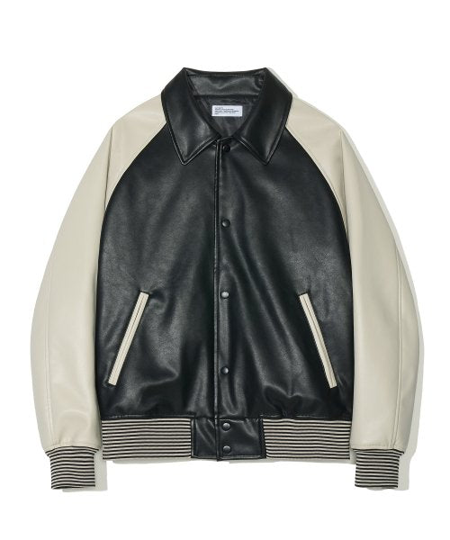[Vegan Leather] Raglan Varsity Jacket Black