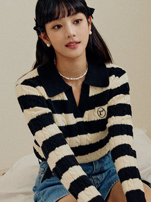 COLLAR STRIPE BORDER KNIT WH+BK
