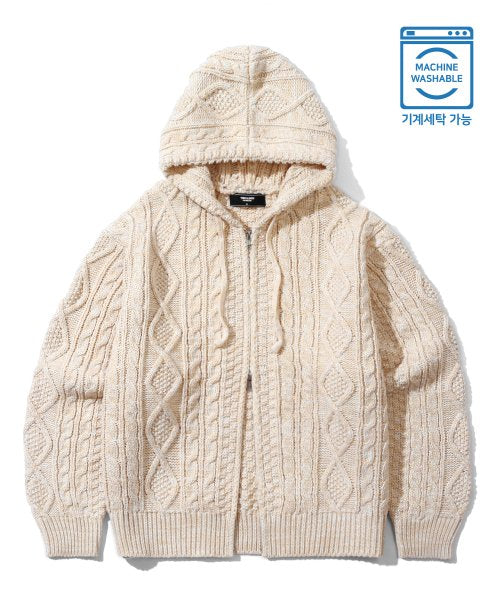 Washable Aran Cable Hooded Zip-Up Knit (IVORY)