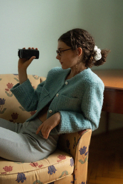 WITHOUT SUMMER Trimming Tweed Jacket_Sky Blue - Size & Reviews | MUSINSA