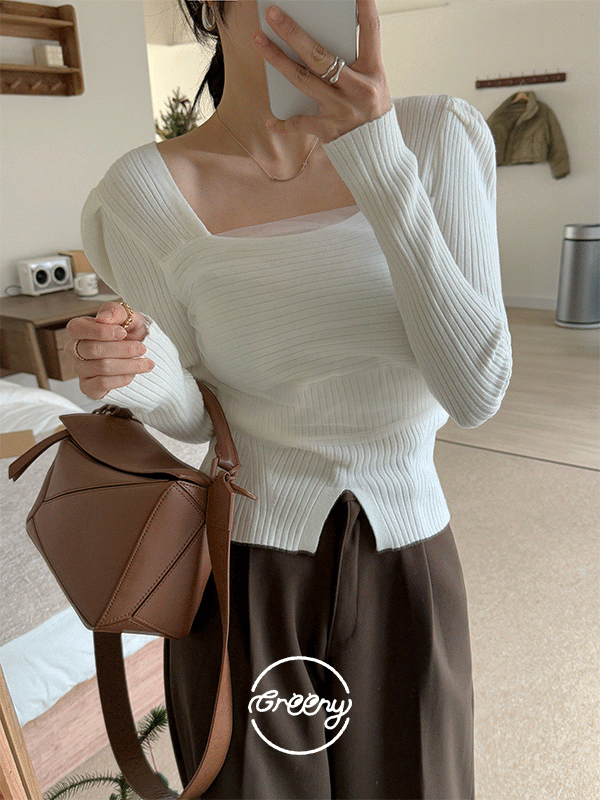 Sequential delivery after 23rd at Greenie Studio) La La Shirring Layered Square Neck Puff Knit Blouse (3 colors)