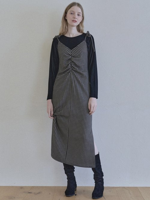 チェックシャーリングロングワンピース - ブラック