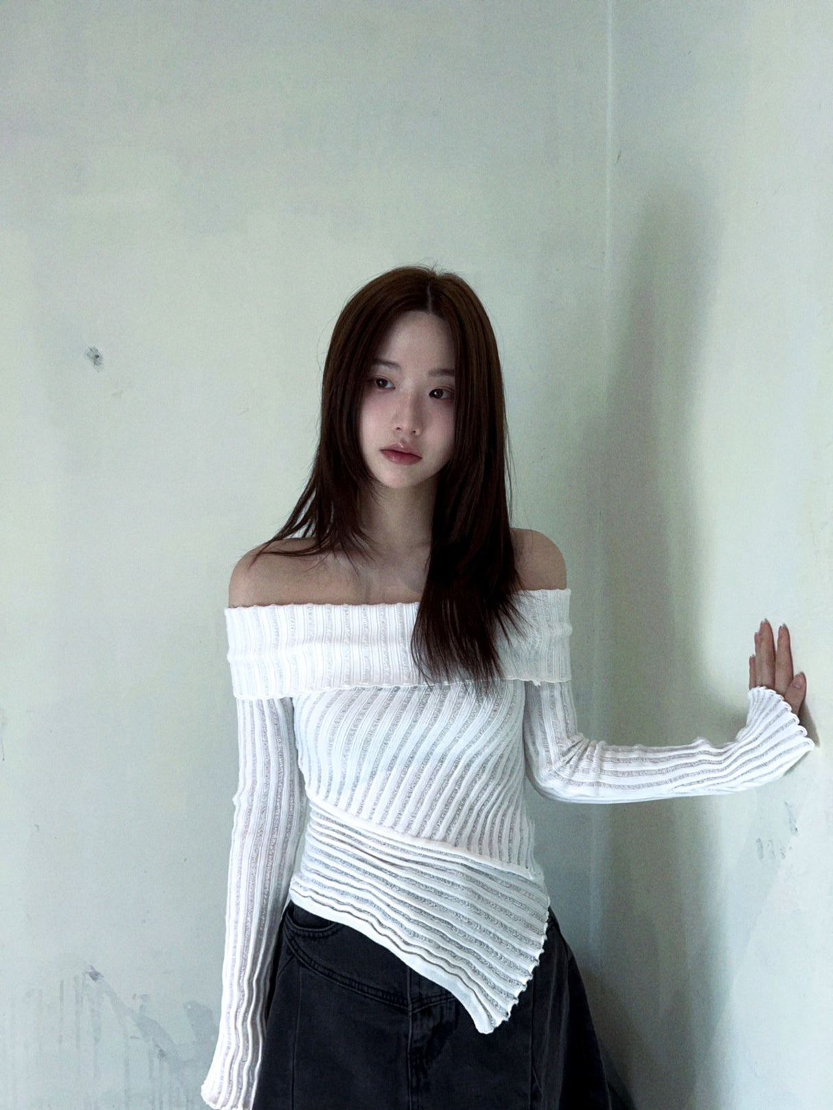 Optenso Wave V-Neck Off-Shoulder Knit Top (3 colors)