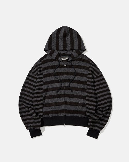 KARACTOR Striped Knit Hooded Zip Up / Black Charcoal - Size & Reviews | MUSINSA