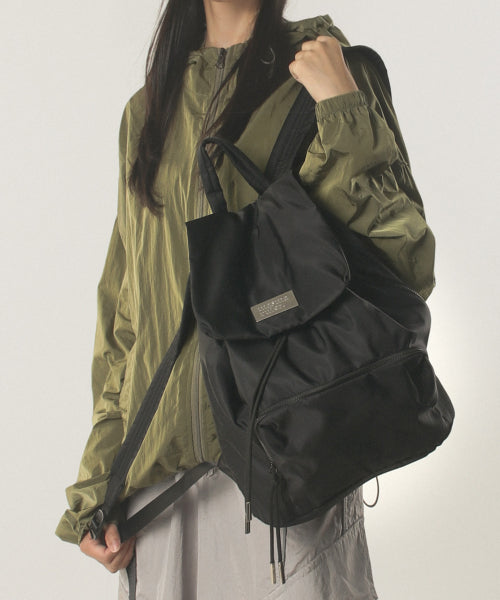 304 Nylon drawstring flap backpack _ Black
