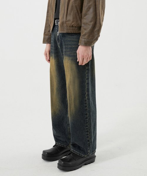 Front Washing Wide Denim Pants (Deep Green)