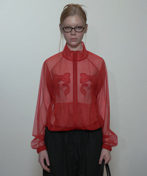Mesh Sheer Zip-Up Jacket Red