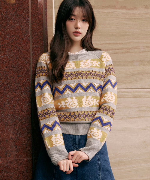 CASHMERE WOOL BLENDED JACQUARD KNIT GRAY