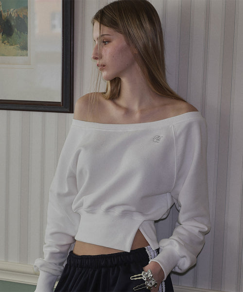 Side Slit Off Shoulder Sweatshirt [White]