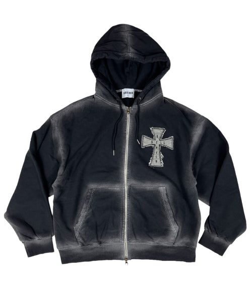 Hell Heaven Cross Vintage Sweat Hood Zip-up (Black)