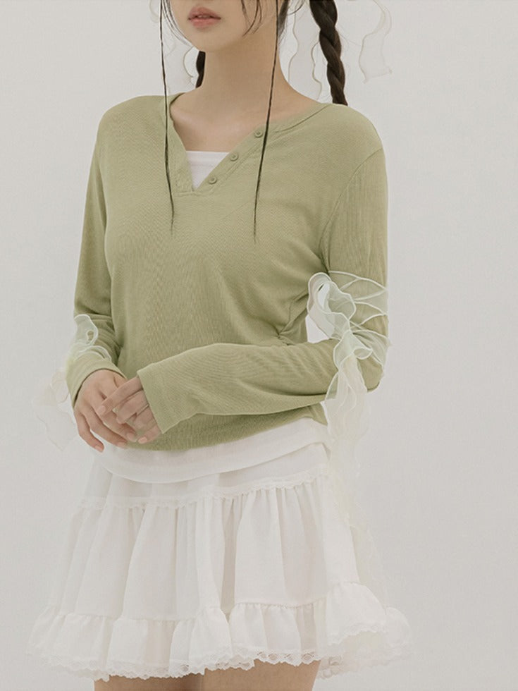 Leigh & Co. [Cuanyan Look✨/Gaegang Look] [44-120] Wellaf Spandex Shirring Coloring Layered V-Neck T-shirt (Spring/New/Spring/New/Daily/Daily/Date Look/Date Look/Guest Look/Feminine Look/Office Look/Office Look/Casual Look/Big Size/Self-Production/Size)