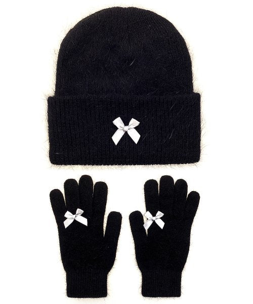 Ribbon Angora Beanie & Glove Set [Gray Ribbon]