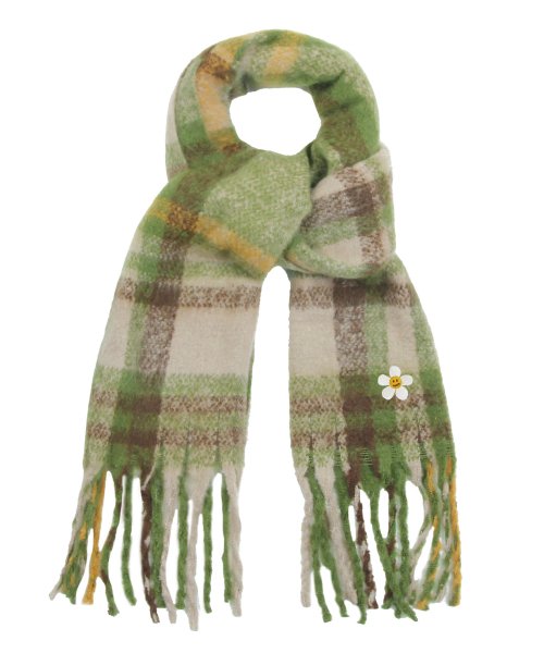 [UNISEX] Flower Dot Embroidery Bold Check Scarf_Green