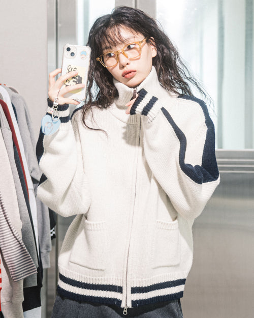 WOOL VARSITY KNIT ZIP-UP JACKET (IVORY)