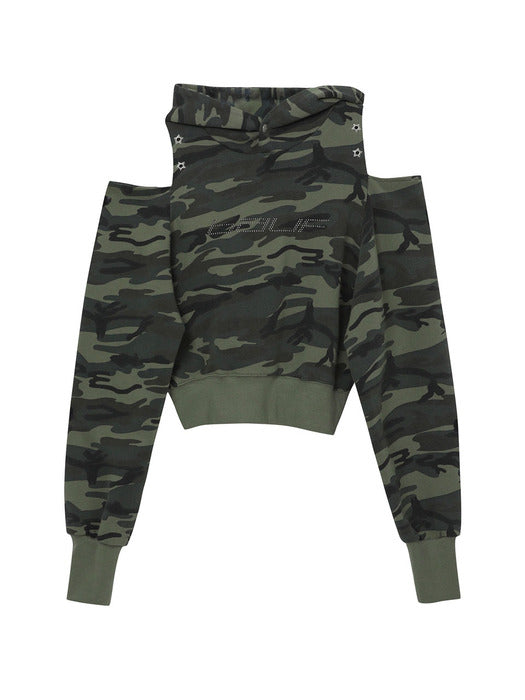 Cutout Off-Shoulder Crop Hoodie [Camo]