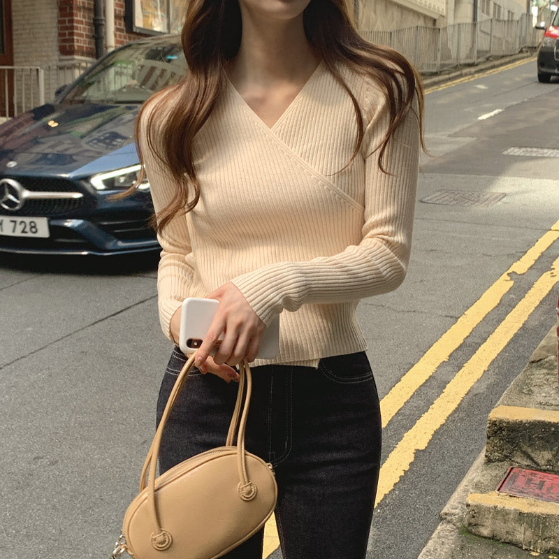 Morelene [Only] [10,000 De Flea🏆/Lab Knitwear] #MADE [tnt0434] Sonya-Neck Wrap Knit (Unbalanced Knit, V-Neck Knit, Long Sleeve Knit, Slim Fit Knit, Rib Knit, Lab Knit, Guest Look)