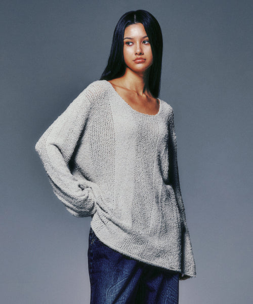 U-NECK SHEER KNIT LIGHT GRAY