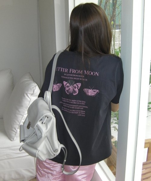 Triple Butterfly Embroidery Oversized Short Sleeve T-shirt (Charcoal)
