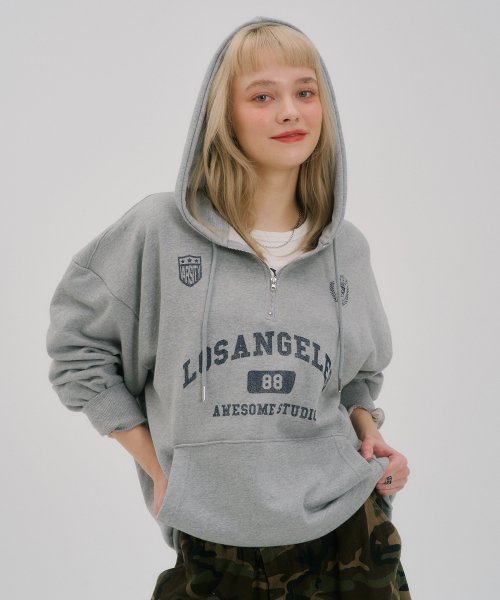 Overfit Half-Zip Up Hooded Sweatshirt Melange Grey