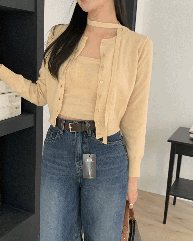 WB [Sleeveless Set] Rubie's Cashmere Cropped Tie Knit Cardigan Set (5 colors)