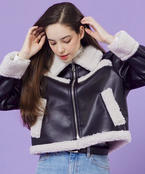 WOMEN Crop Oversized Mustang Fleece Shearling Jacket [Black_White]