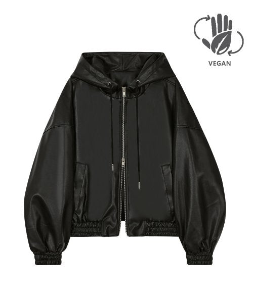 85-VIVA006 [Vegan Leather] Hood String Leather Jacket Black