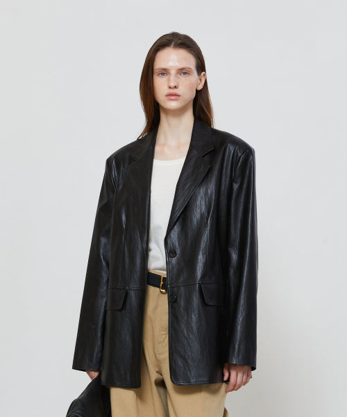 OVER FIT SINGLE LEATHER JACKET - BLACK