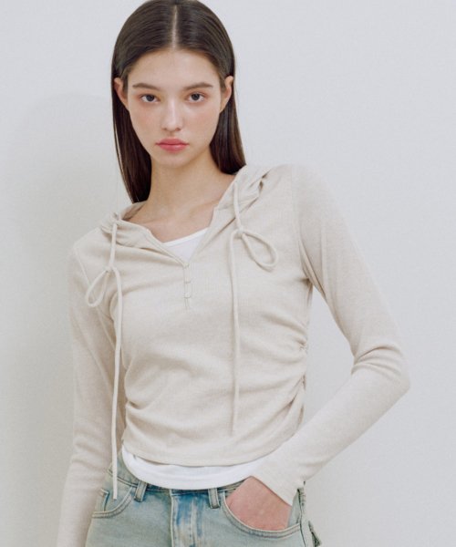 Eva Button Layered Knit Hoodie [Oatmeal]