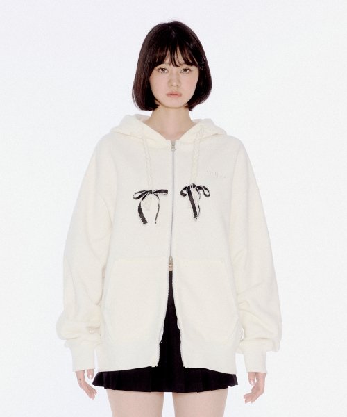 YOUHEE RIBBON DETAIL HOOD ZIP-UP WHITE - Size & Reviews | MUSINSA