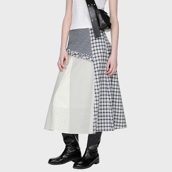 Mixed Check Long Skirt, NAVY