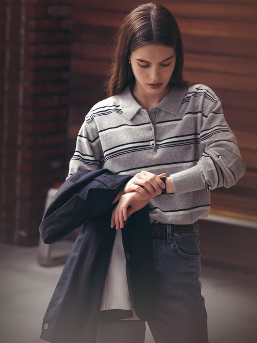 Light gray color mixed wool polo knit
