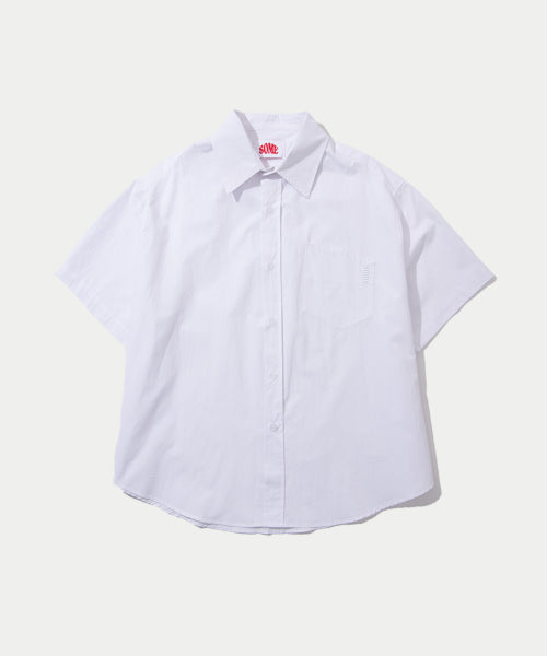 One Pocket Embroidered Oversized Collar Short Sleeve Cotton Shirt [Ivory]