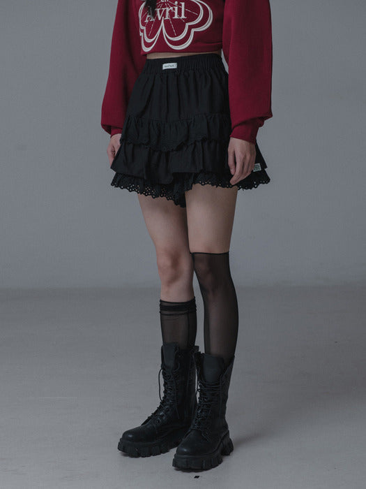 Lace Banding Skirt Pants_Black