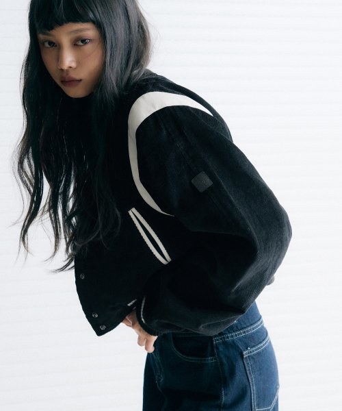LEATHERY Corduroy Varsity Teddy Jacket [BLACK] - Size & Reviews | MUSINSA