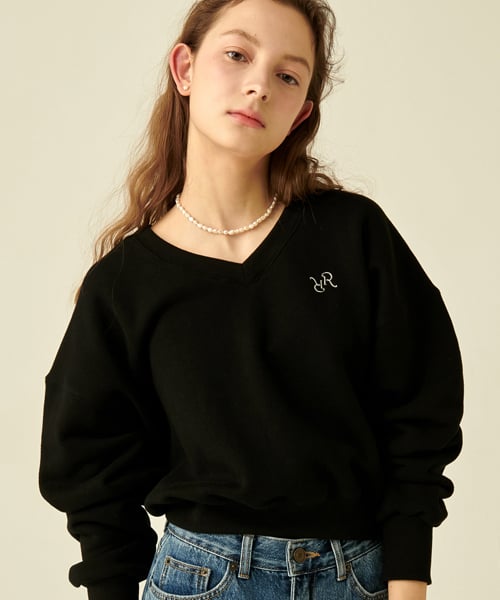 V Neck Crop Sweatshirt Black