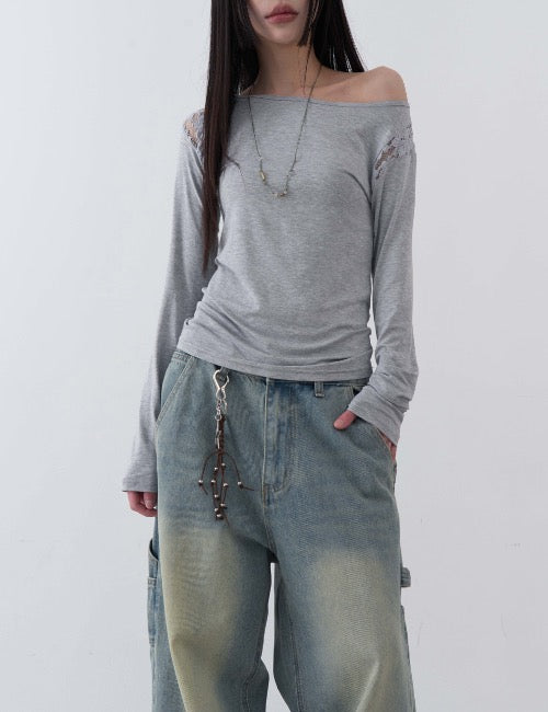 로웨어 lace shoulder u neck tee