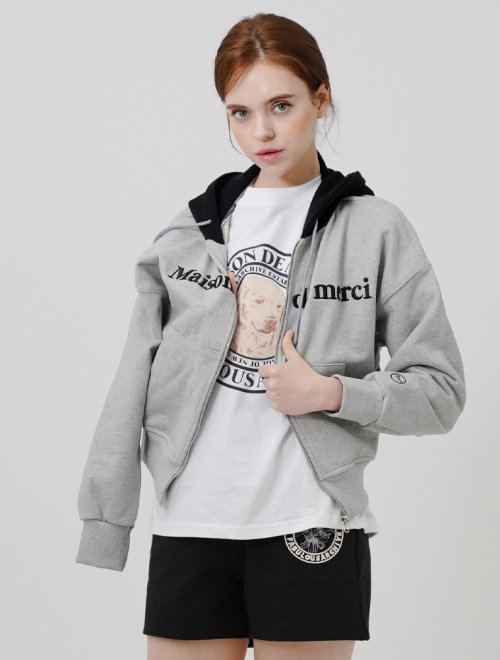 Women's Embroidered Logo Crop Hoodie Zip-Up Melange Grey (FCC1ZP391W)