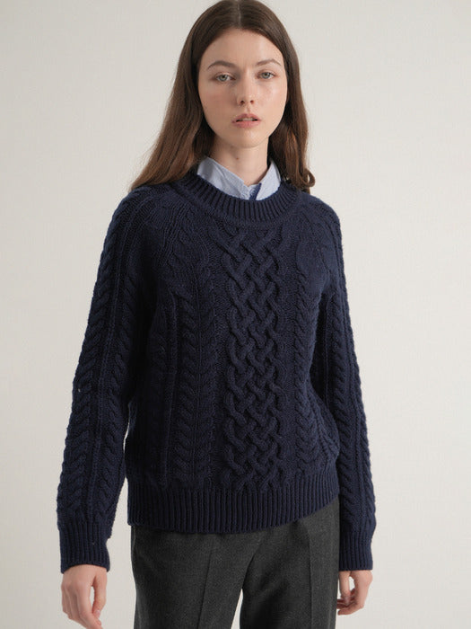 Cashmere Cable Round Knit (Navy)