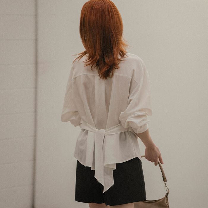 Natural draped ribbon blouse_Ivory