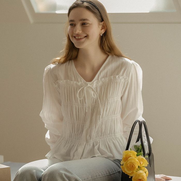 Ribbon point smoke cotton blouse_Ivory