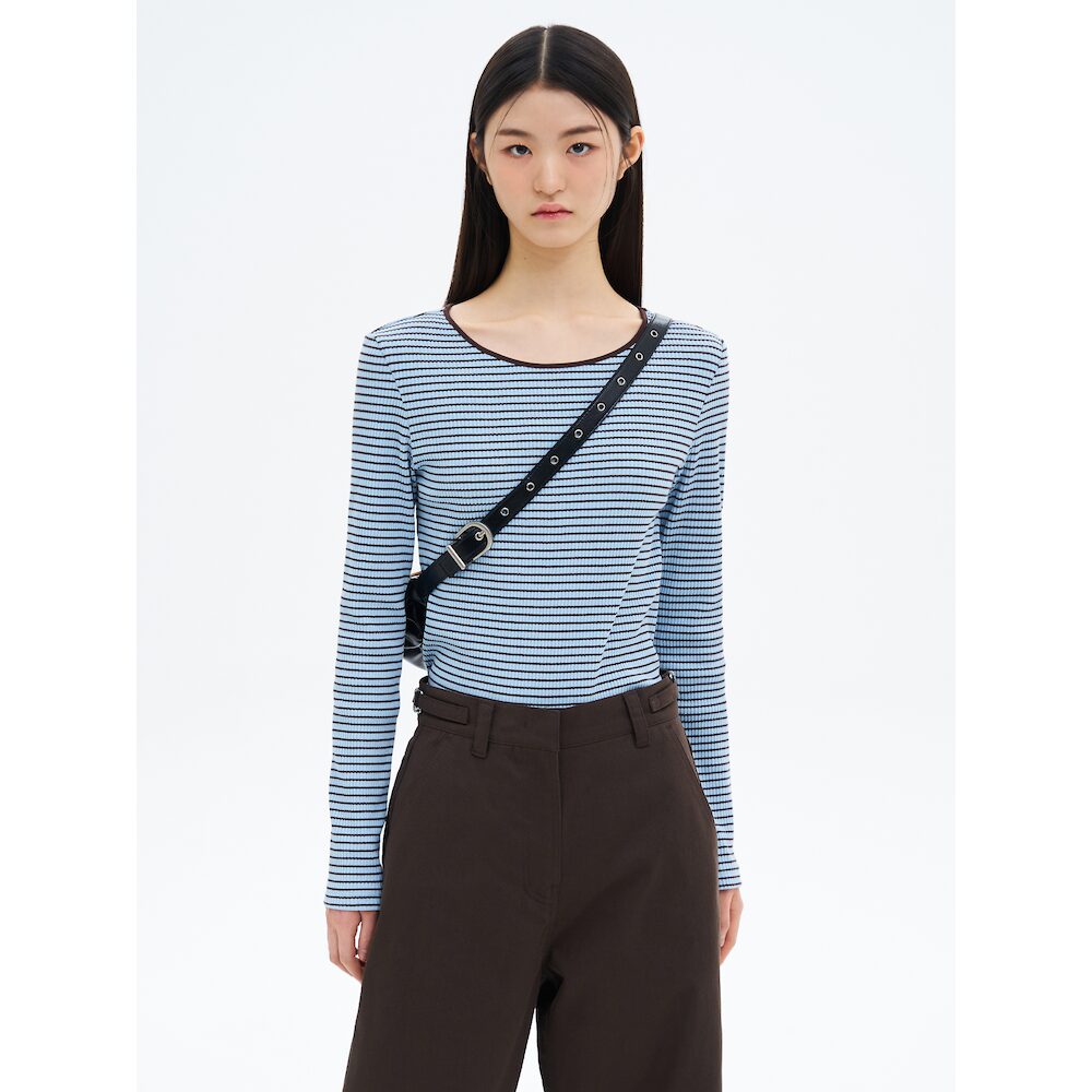 8 Seconds Long-Sleeved V-neck Stripe T-shirt Sky Blue (355241LYDQ)
