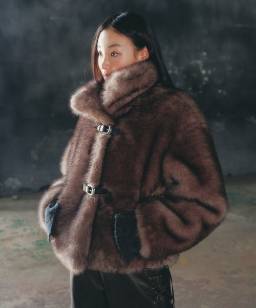 STRAP BUCKLE FUR JACKET GREY BQ4FJ001