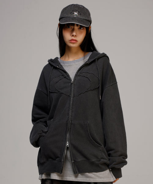 Logo Cutting Pigment Hood Zip-up [Charcoal]