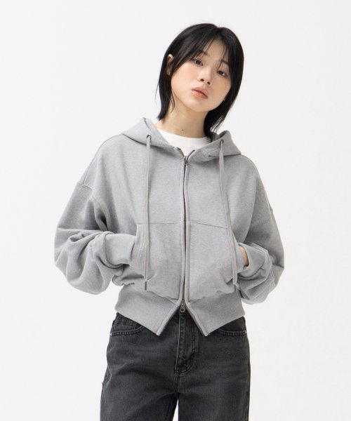 2WAY Crop Sweat Hoodie Zip-Up (Melange Grey)